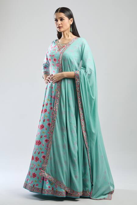 Shop Samyukta Singhania Sky Blue Denim Embroidery Round Neck Floral Anarkali Set Online at Aza Fashions Shop_Samyukta Singhania_Sky Blue Denim Embroidery Round Neck Floral Anarkali Set_Online_at_Aza_Fashions