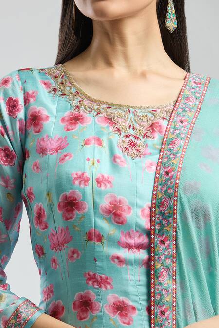 Samyukta Singhania Sky Blue Denim Embroidery Round Neck Floral Anarkali Set at Aza Fashions Samyukta Singhania_Sky Blue Denim Embroidery Round Neck Floral Anarkali Set_at_Aza_Fashions