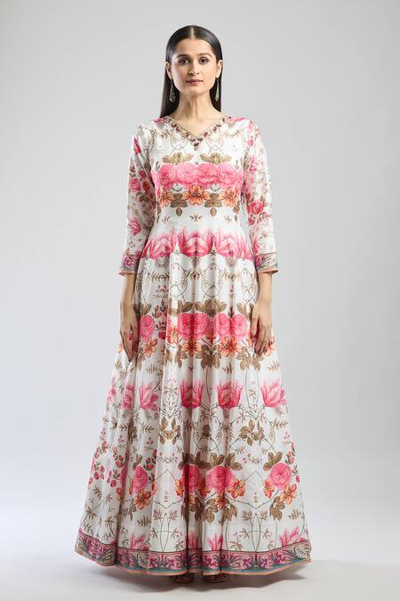 Samyukta Singhania_Pink Denim Embroidery V-neck Floral Printed Anarkali With Dupatta_Online_at_Aza_Fashions