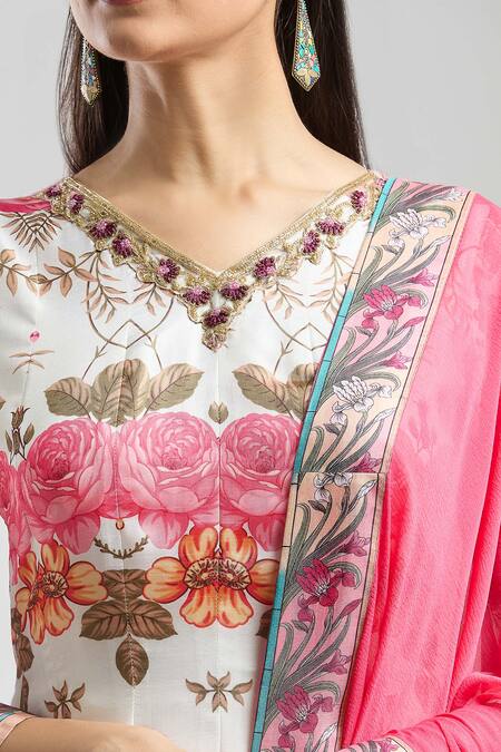 Buy_Samyukta Singhania_Pink Denim Embroidery V-neck Floral Printed Anarkali With Dupatta_Online_at_Aza_Fashions