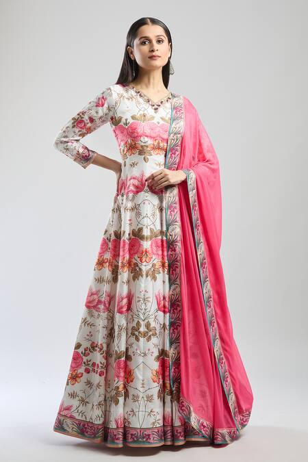 Shop_Samyukta Singhania_Pink Denim Embroidery V-neck Floral Printed Anarkali With Dupatta_Online_at_Aza_Fashions