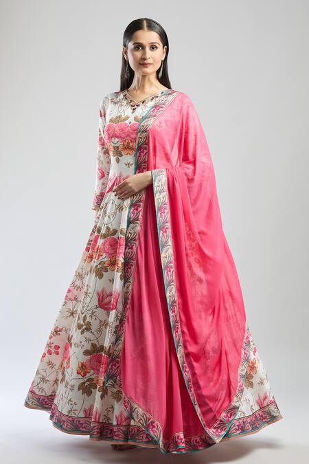 Samyukta Singhania_Pink Denim Embroidery V-neck Floral Printed Anarkali With Dupatta_at_Aza_Fashions