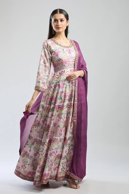 Samyukta Singhania Off White Denim Embroidery Round Neck Digital Print Anarkali With Dupatta Online at Aza Fashions Samyukta Singhania_Off White Denim Embroidery Round Neck Digital Print Anarkali With Dupatta_Online_at_Aza_Fashions