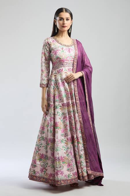 Buy Samyukta Singhania Off White Denim Embroidery Round Neck Digital Print Anarkali With Dupatta Online at Aza Fashions Buy_Samyukta Singhania_Off White Denim Embroidery Round Neck Digital Print Anarkali With Dupatta_Online_at_Aza_Fashions