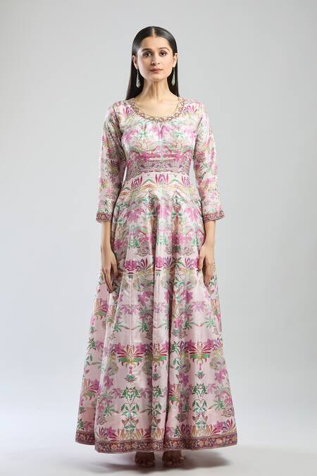 Shop Samyukta Singhania Off White Denim Embroidery Round Neck Digital Print Anarkali With Dupatta Online at Aza Fashions Shop_Samyukta Singhania_Off White Denim Embroidery Round Neck Digital Print Anarkali With Dupatta_Online_at_Aza_Fashions