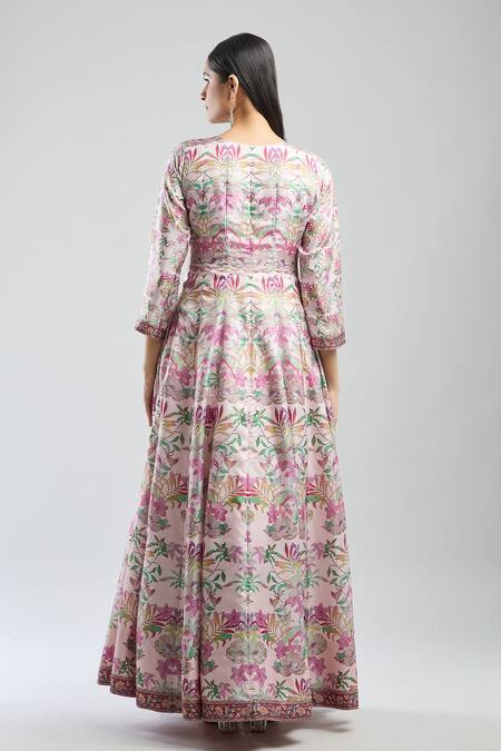 Shop Samyukta Singhania Off White Denim Embroidery Round Neck Digital Print Anarkali With Dupatta at Aza Fashions Shop_Samyukta Singhania_Off White Denim Embroidery Round Neck Digital Print Anarkali With Dupatta_at_Aza_Fashions