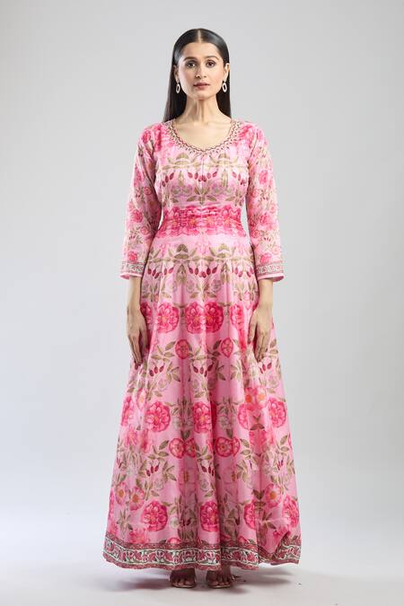 Samyukta Singhania_Pink Denim Embroidery Round Neck Floral Anarkali With Dupatta_Online_at_Aza_Fashions