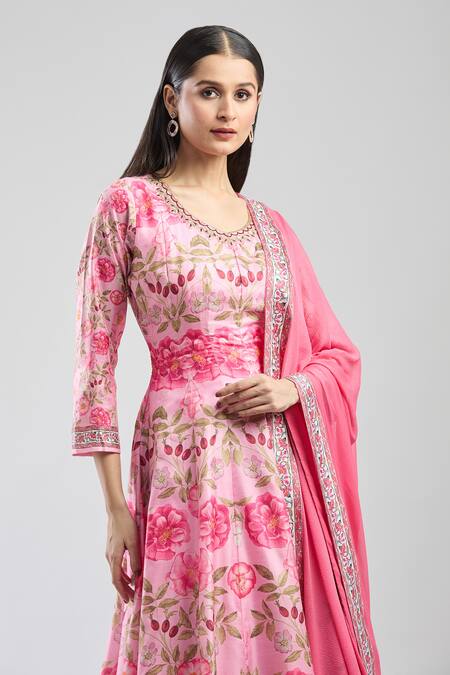 Buy_Samyukta Singhania_Pink Denim Embroidery Round Neck Floral Anarkali With Dupatta_Online_at_Aza_Fashions