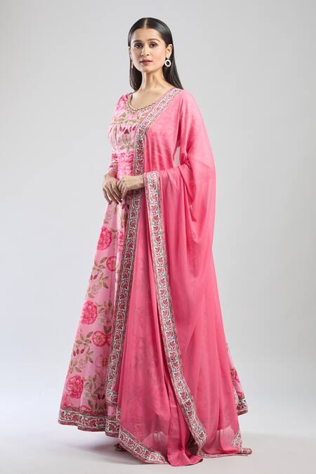 Shop_Samyukta Singhania_Pink Denim Embroidery Round Neck Floral Anarkali With Dupatta_Online_at_Aza_Fashions
