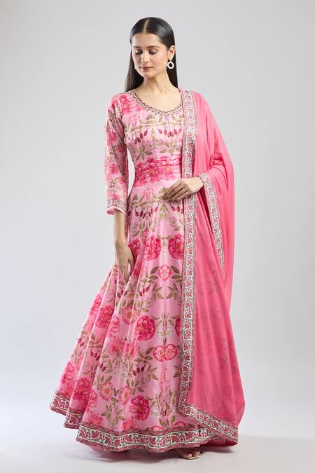 Samyukta Singhania_Pink Denim Embroidery Round Neck Floral Anarkali With Dupatta_at_Aza_Fashions