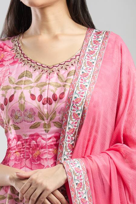 Buy_Samyukta Singhania_Pink Denim Embroidery Round Neck Floral Anarkali With Dupatta