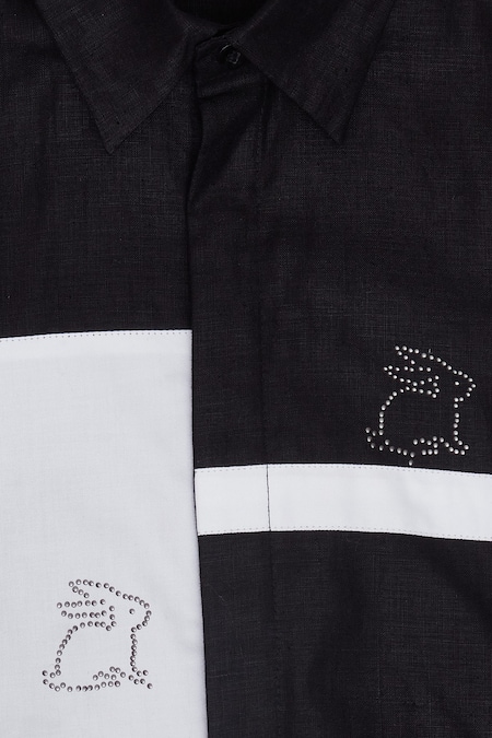 The Blue Morphology_Black Linen, Cotton Satin Embroidery And White Patch Shirt _Online_at_Aza_Fashions
