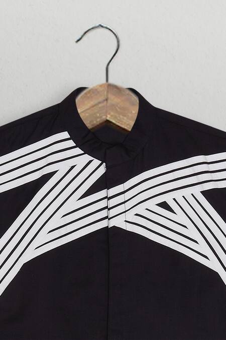 The Blue Morphology_Black Cotton Satin, Linen Ying-yang Inspired Shirt _Online_at_Aza_Fashions