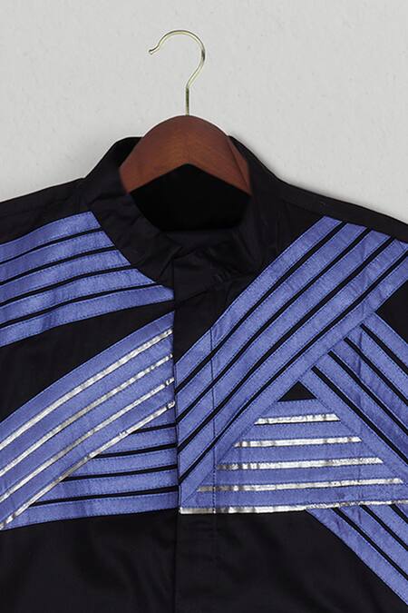 The Blue Morphology_Black Cotton Satin Shirt With Blue Striped Embellishments _Online_at_Aza_Fashions