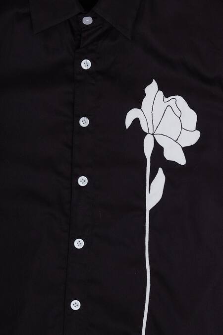 The Blue Morphology_Black Cotton, Linen Embroidery Shirt With Flower Motif _Online_at_Aza_Fashions