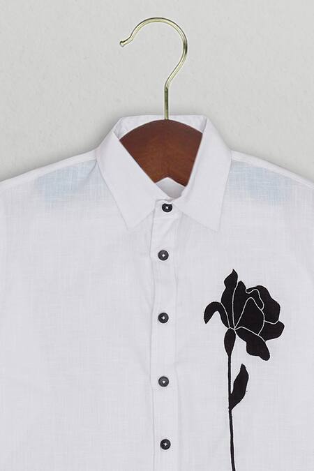 The Blue Morphology_White Cotton, Linen Embroidery Shirt With Black Motif _Online_at_Aza_Fashions