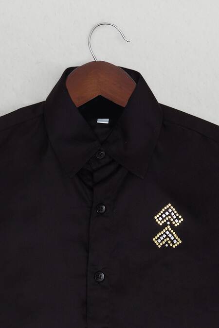 The Blue Morphology_Black Cotton Satin Classic Shirt With Metallic Motif _Online_at_Aza_Fashions