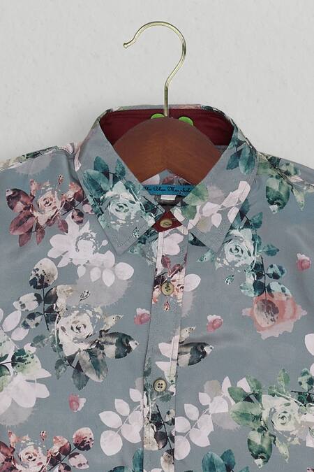 The Blue Morphology_Green Cotton, Silk Floral Print Regular Fit Shirt _Online_at_Aza_Fashions
