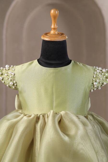 Casa Ninos_Green Organza Pearls Balloon Dress With Embellishments_Online_at_Aza_Fashions