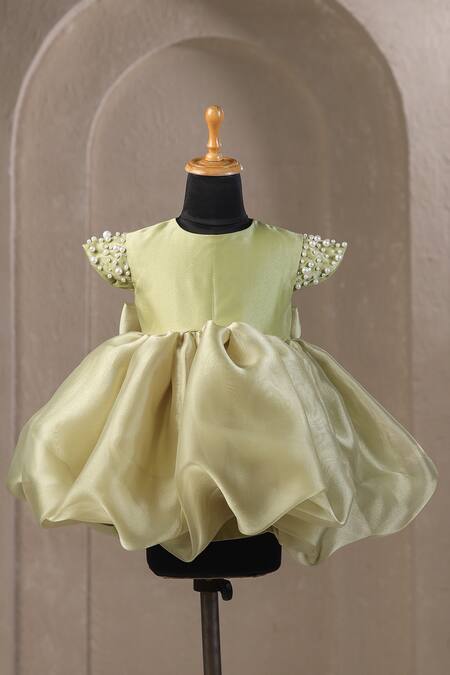 Buy_Casa Ninos_Green Organza Pearls Balloon Dress With Embellishments_Online_at_Aza_Fashions