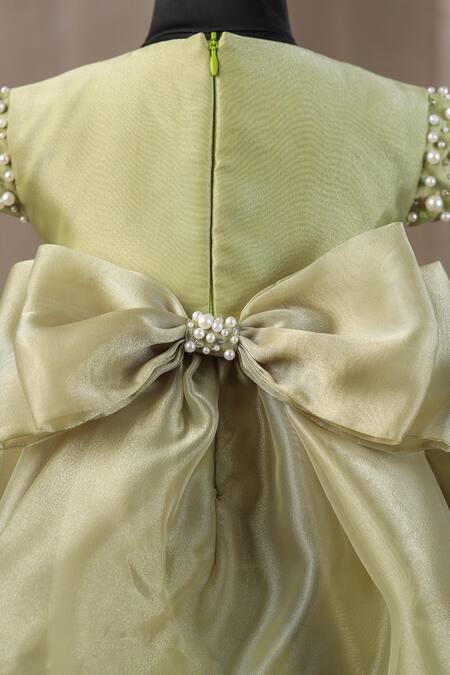 Shop_Casa Ninos_Green Organza Pearls Balloon Dress With Embellishments_Online_at_Aza_Fashions