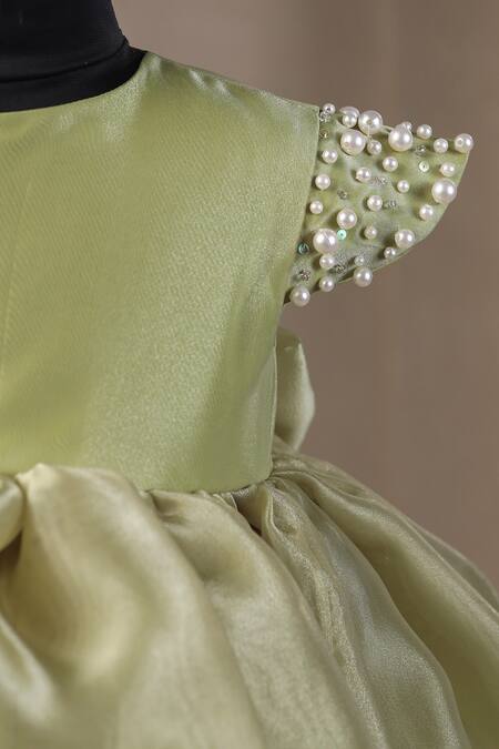 Casa Ninos_Green Organza Pearls Balloon Dress With Embellishments_at_Aza_Fashions