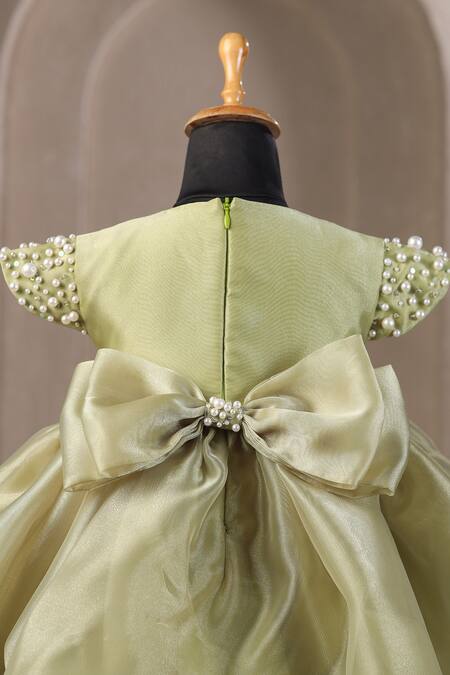 Buy_Casa Ninos_Green Organza Pearls Balloon Dress With Embellishments
