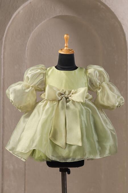 Casa Ninos_Green Organza Bows Bowie Dress With Balloon Sleeves _Online_at_Aza_Fashions