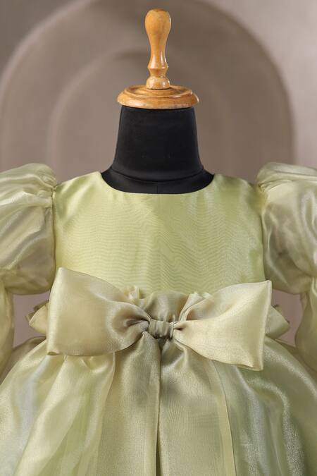 Buy_Casa Ninos_Green Organza Bows Bowie Dress With Balloon Sleeves _Online_at_Aza_Fashions