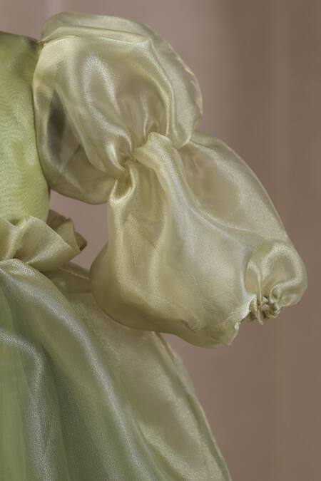 Shop_Casa Ninos_Green Organza Bows Bowie Dress With Balloon Sleeves _Online_at_Aza_Fashions
