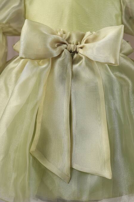Buy_Casa Ninos_Green Organza Bows Bowie Dress With Balloon Sleeves 