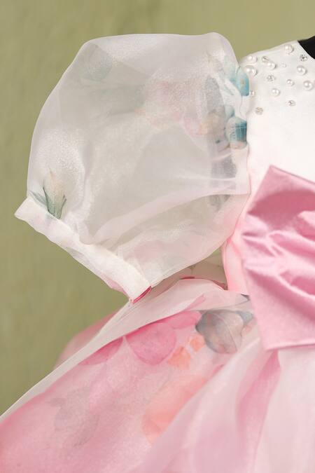 Casa Ninos_White Organza, Satin Bows, Beads Floral Fit And Flare Dress _Online_at_Aza_Fashions