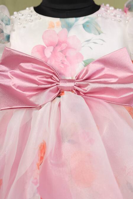 Buy_Casa Ninos_White Organza, Satin Bows, Beads Floral Fit And Flare Dress _Online_at_Aza_Fashions