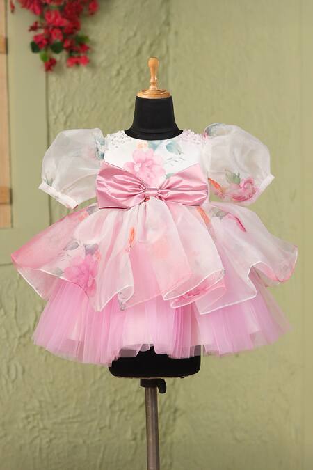 Shop_Casa Ninos_White Organza, Satin Bows, Beads Floral Fit And Flare Dress _Online_at_Aza_Fashions