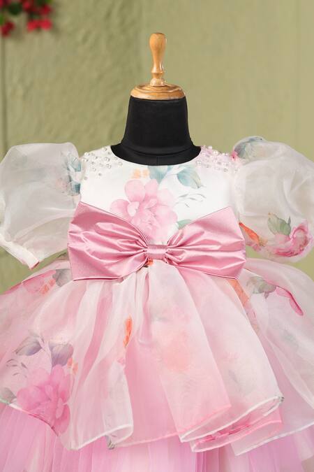 Casa Ninos_White Organza, Satin Bows, Beads Floral Fit And Flare Dress _at_Aza_Fashions