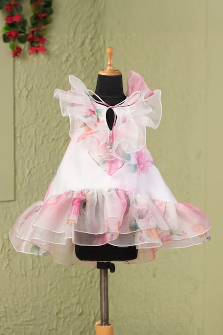Casa Ninos_White Organza, Satin Floral Neck Frill Dress _Online_at_Aza_Fashions