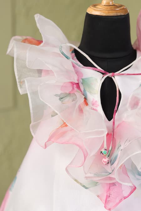 Buy_Casa Ninos_White Organza, Satin Floral Neck Frill Dress _Online_at_Aza_Fashions