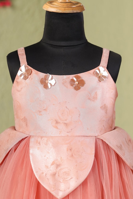 Buy_Casa Ninos_Rust Organza, Satin Fabric Flowers Floral Petal Dress_Online_at_Aza_Fashions