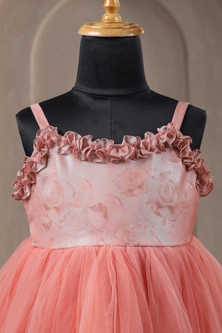 Casa Ninos_Rust Organza, Satin Ruffles Frill Neck Floral Dress _Online_at_Aza_Fashions