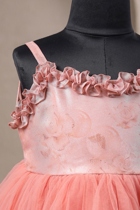Buy_Casa Ninos_Rust Organza, Satin Ruffles Frill Neck Floral Dress _Online_at_Aza_Fashions