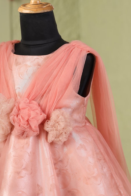Buy_Casa Ninos_Rust Organza, Satin Fabric Flowers Floral Victorian Trail Dress _Online_at_Aza_Fashions