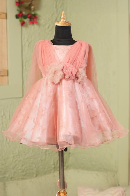 Shop_Casa Ninos_Rust Organza, Satin Fabric Flowers Floral Victorian Trail Dress _Online_at_Aza_Fashions