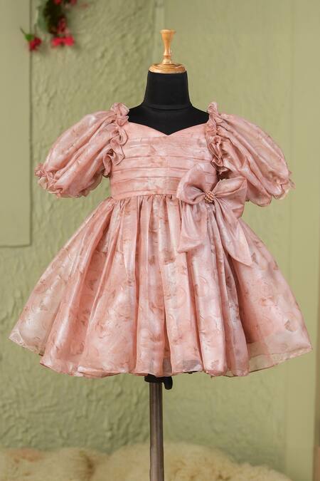 Casa Ninos_Rust Organza, Satin Bows Floral Victorian Puffy Dress _Online_at_Aza_Fashions