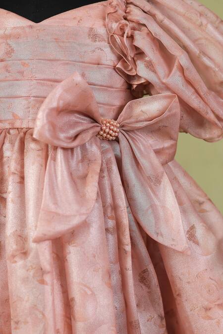 Buy_Casa Ninos_Rust Organza, Satin Bows Floral Victorian Puffy Dress _Online_at_Aza_Fashions