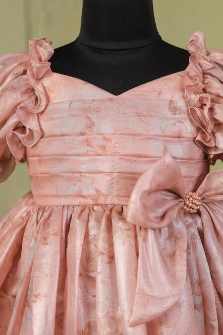 Casa Ninos_Rust Organza, Satin Bows Floral Victorian Puffy Dress _at_Aza_Fashions