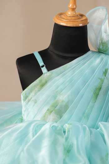 Casa Ninos_Blue Organza Fabric Flowers Floral One Shoulder Fit And Flare Dress_Online_at_Aza_Fashions