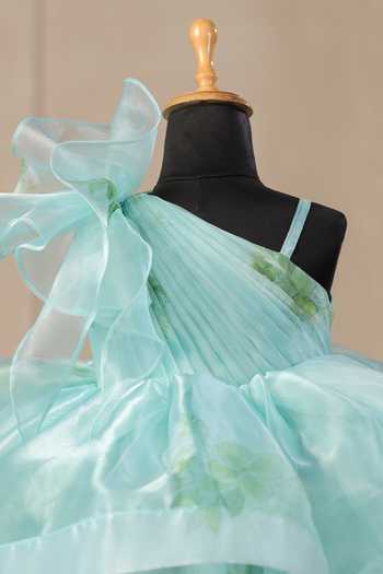 Buy_Casa Ninos_Blue Organza Fabric Flowers Floral One Shoulder Fit And Flare Dress_Online_at_Aza_Fashions