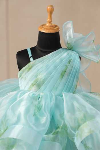 Shop_Casa Ninos_Blue Organza Fabric Flowers Floral One Shoulder Fit And Flare Dress_Online_at_Aza_Fashions