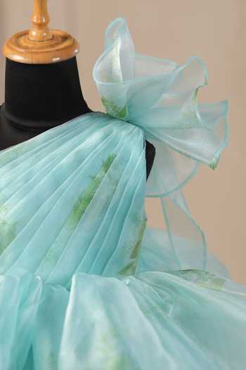 Casa Ninos_Blue Organza Fabric Flowers Floral One Shoulder Fit And Flare Dress_at_Aza_Fashions