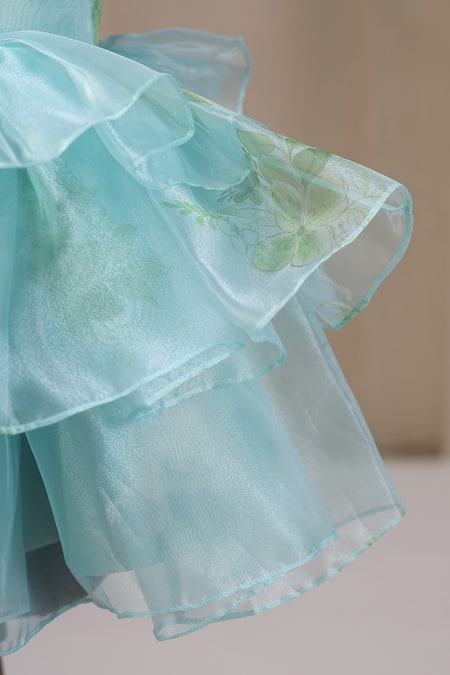 Casa Ninos_Blue Organza, Satin Printed Halter Neck Layered Dress _Online_at_Aza_Fashions
